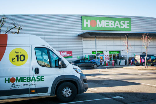 LONDON- JANUARY, 2019: Homebase Exterior Of Store And Delivery Van- A British Home Improvement Retailer And Garden Centre