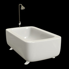 Bath tub with legs and shower. Sanitary concept. 3d render on black background.