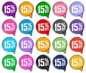 Set Sale 15% off, offer speech bubble banners design template, discount tags, vector illustration