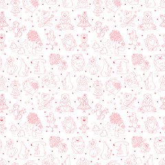 Valentine's day Vector Seamless pattern for kids. Valentine Background with Cute Cartoon Animals with Hearts and Flowers. Funny Teddy Bears, Rabbits, Birds, Cat, Dog and Mouse. Coloring Page

