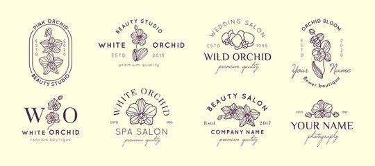 Set Orchid logos design templates in simple minimal linear style. Vector floral emblem and icon.