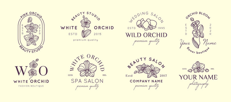 Set Orchid logos design templates in simple minimal linear style. Vector floral emblem and icon.