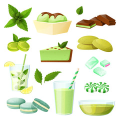 Mint food set, collection of desserts and beverages isolated on white, vector illustration. Refreshing mojito drink, summer cafe menu. Fresh spearmint smoothie, cake with mint flavor, candy, ice cream
