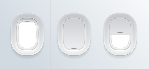 Realistic Detailed 3d Blank Airplane Window Template Mockup Set. Vector - 338471512
