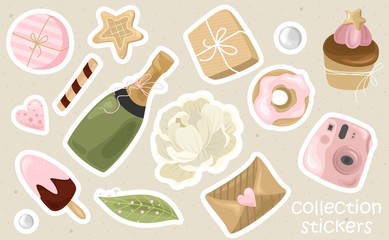 Romantic stickers with flowers, branches and cute elements. Printing on paper, fabric,
 and tableware. Vector illustration.