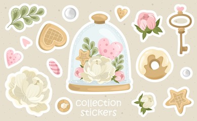 Romantic stickers with flowers, branches and cute elements. Printing on paper, fabric,
 and tableware. Vector illustration.