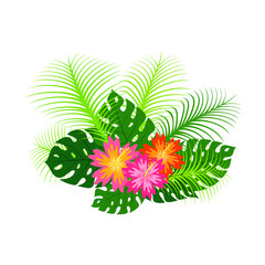 Summer tropical background with exotic leaves and flowers. Vector floral background.