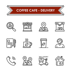 Coffee cafe service and delivery icon set