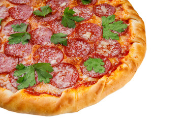 pizza with sausage on a white plate for a restaurant menu