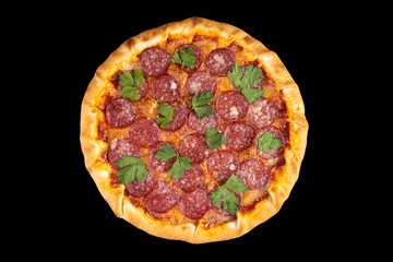 
pizza with sausage on a black background for the restaurant menu