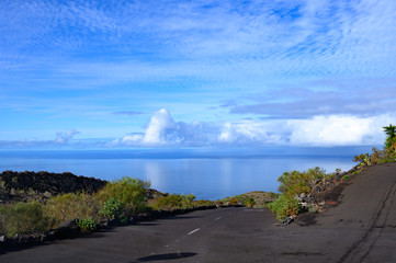 Road trip on La Palma island, view from old asphald road to Atlantic ocean