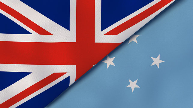 The flags of United Kingdom and Micronesia. News, reportage, business background. 3d illustration