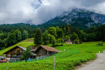 Mountain landscape, snowy mountain peaks.
Mountain, coniferous forests surrounded by mountains.
Summer alpine village. Alps mountain range.
Village in the mountains in the summer.