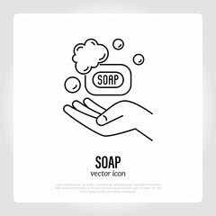 Clean your hands with soap. Thin line icon. Hygiene for prevention coronavirus. Healthcare and medical vector illustration.