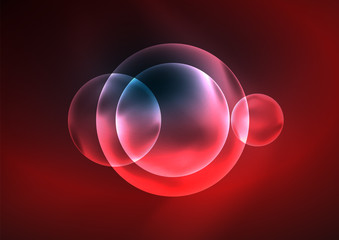 Glowing neon shiny transparent bubbles, glass circles or bio cell concept. Techno futuristic vector abstract background For Wallpaper, Banner, Background, Card, Book Illustration, landing page