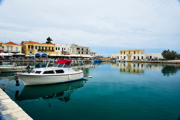 Fototapeta na wymiar RETHYMNO , GREECE - MAY 30, 2019: View at sea port of Rethymno, the Crete island, Greece.