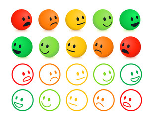 Rating and Ranking Levels of Satisfaction. Isometric Round Faces Depicting Emotions - Excellent, Good, Normal, Bad and Awful