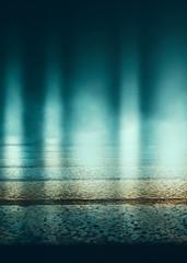 Dark abstract scene background. Moonlight reflection on the pavement. Smoke, smog and fog