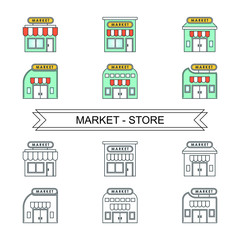Fototapeta premium Set of market or store icon with line design. Store vector illustration 