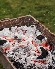 Cooking kebab meat with skewers on grill. Real process. Variety of meat. Chicken, lamb, beef. Mixed grill. Shawarma. Ramadan Kareem, iftar. Family dinner