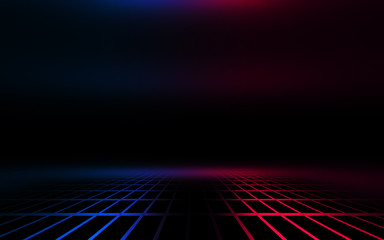 Empty dark abstract background. Background of empty show scene. Glow of neon lights and neon figures on an empty concert stage. Reflection of light on the pavement.