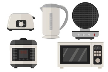 Slow cooker, electric kettle, toaster, microwave, waffle iron set in vector design. Graphic illustration of kitchen equipment in grey colours isolated on white background.