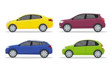 Obraz premium Flat car in side view for race. Cartoon vehicle collection on isolated background. Sport jeep, sedan, universal for family trip. Yellow, blue machine cab design. automobile cab. vector illustration.