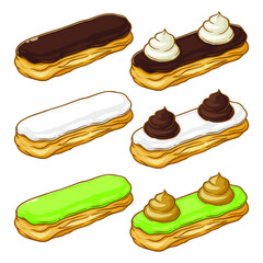 Set of various eclairs with glaze