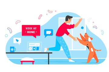 Young man working online and playing with cute dog friend at home during corona virus covid19 time. Stay at home to prevent coronavirus disease, time together, quarantine self isolation vector concept