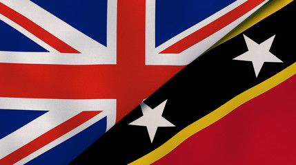 The flags of United Kingdom and Saint Kitts and Nevis. News, reportage, business background. 3d illustration