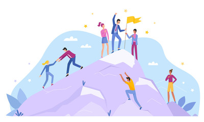 Business people characters climb top peak landing page flat vector illustration concept. Leadership and teamwork, Team leader show way, motivate to success, award trophy flag, competitive environment.