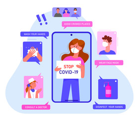 Prevention coronavirus disease infographics flat concept vector illustration. Warning information to prevent covid 19 infection. Wash hands, avoid crowd, wear mask, disinfect hands, consult doctor