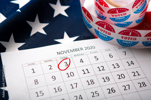 Calendar With Election Day 2020 in the USA, flag of America
