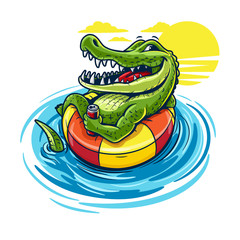 cartoon crocodile swimming with beer