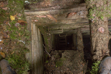 Old abandoned mine with wooden timbering in forest