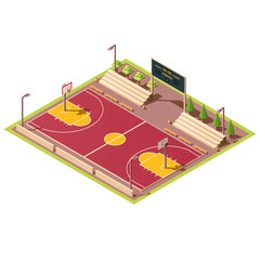 Vector 3d isometric stadium with field for street basketball games, tribune, fence, scoreboard, basket and hoop. Empty sport arena with urban basketball court. Isometry isolated on white background.