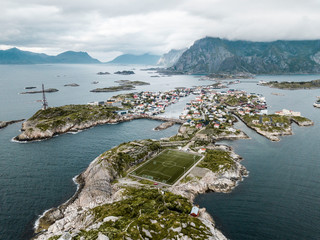 aerial view of a soccer field on the lofoten islands in Norway