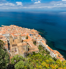 Obraz premium Aerial view of Cefalu in Sicily from Rocca di Cefalu, Italy;