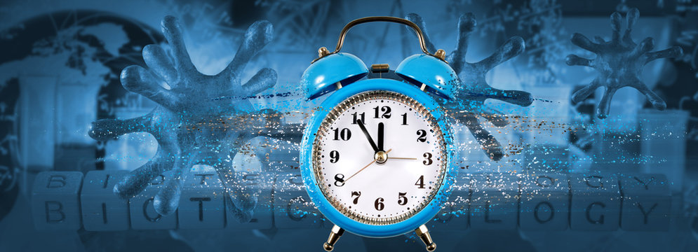 An abstract image of coronaviruses and an alarm clock from which particles come off which symbolizes the fatal flow of time.