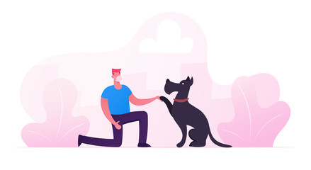 Man in Medical Mask Playing with Dog on Street in Park Having Leisure with Pet. Male Character Spend Time with Domestic Animal at Covid 19 Pandemic, Quarantine Lifestyle. Cartoon Vector Illustration