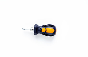 small screwdriver with a yellow handle on a white background