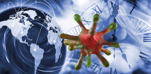 Abstract image of coronaviruses on the background of a stylized image of the planet Earth.