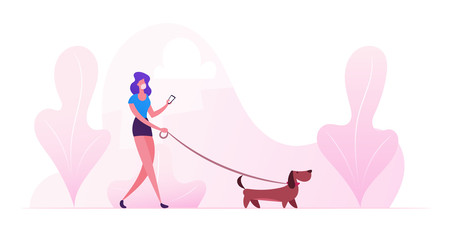 Woman Walking with Dog Outdoors at Covid 19 Quarantine. Female Character Spending Time with Dachshund Pet in Park Relaxing, Leisure with Puppy, Communicating with Animal. Cartoon Vector Illustration