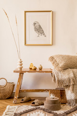 Stylish composition of living room interior with mock up frame, wooden bench, pillow, plaid, woman...