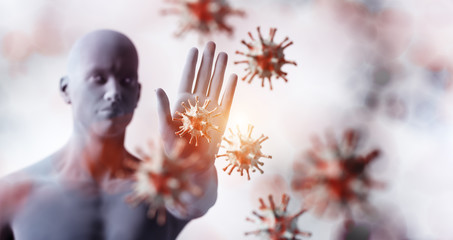 Man stopping coronavirus. Immune system defends from corona virus COVID-19. - obrazy, fototapety, plakaty