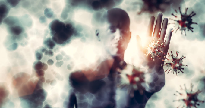 Man stopping coronavirus. Immune system defends from corona virus COVID-19.