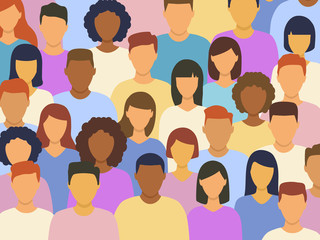 Diverse multicultural group of people standing together (europian, asian, american). Human social diversity crowd vector illustration.	