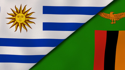 The flags of Uruguay and Zambia. News, reportage, business background. 3d illustration