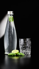 Fresh and healthy water with freshly squeezed lime juice and fresh basil