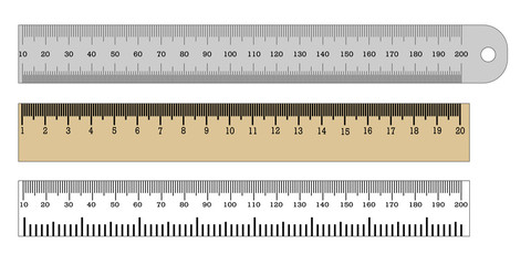 Rulers Inch and metric rulers. Measuring tool. Centimeters and inches measuring scale cm metrics indicator. Measurement scale, markup for a ruler. Vector set isolated